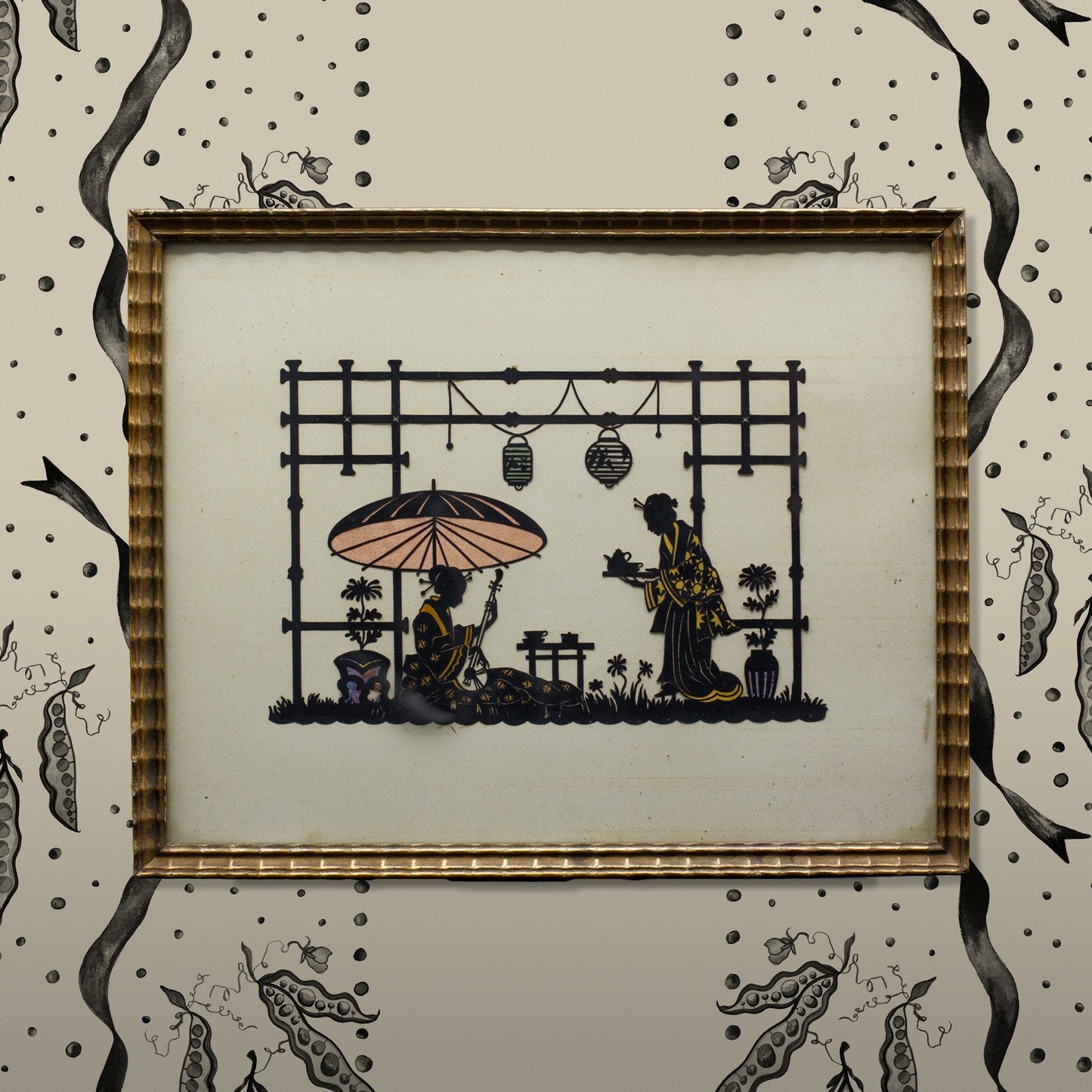 Gilt Framed picture of a Geisha Tea Ceremony, Hand-Cut Silhouette - FLORA BLACK