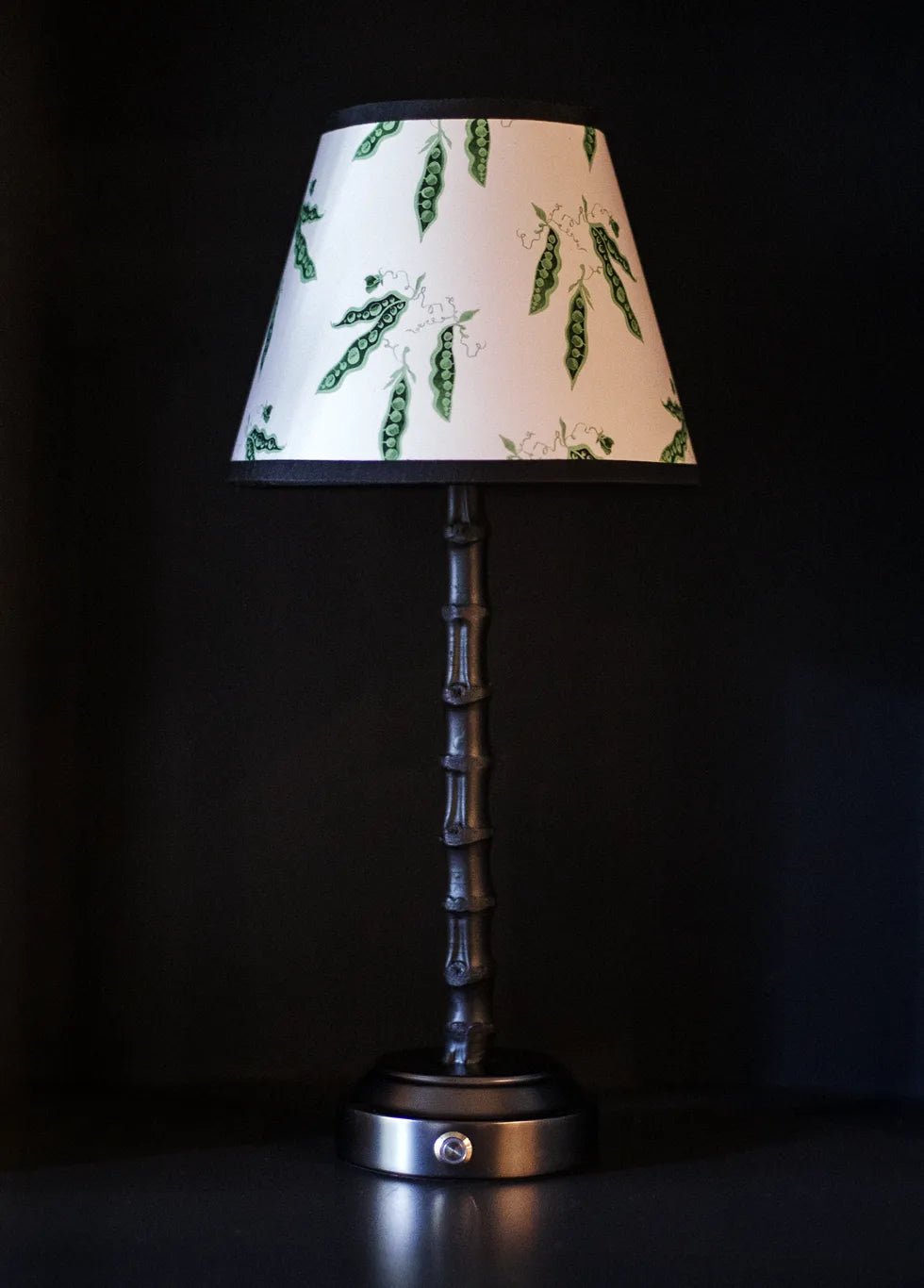 Rechargeable Bamboo Table Lamp with Pretty Peas shade - FLORA BLACK