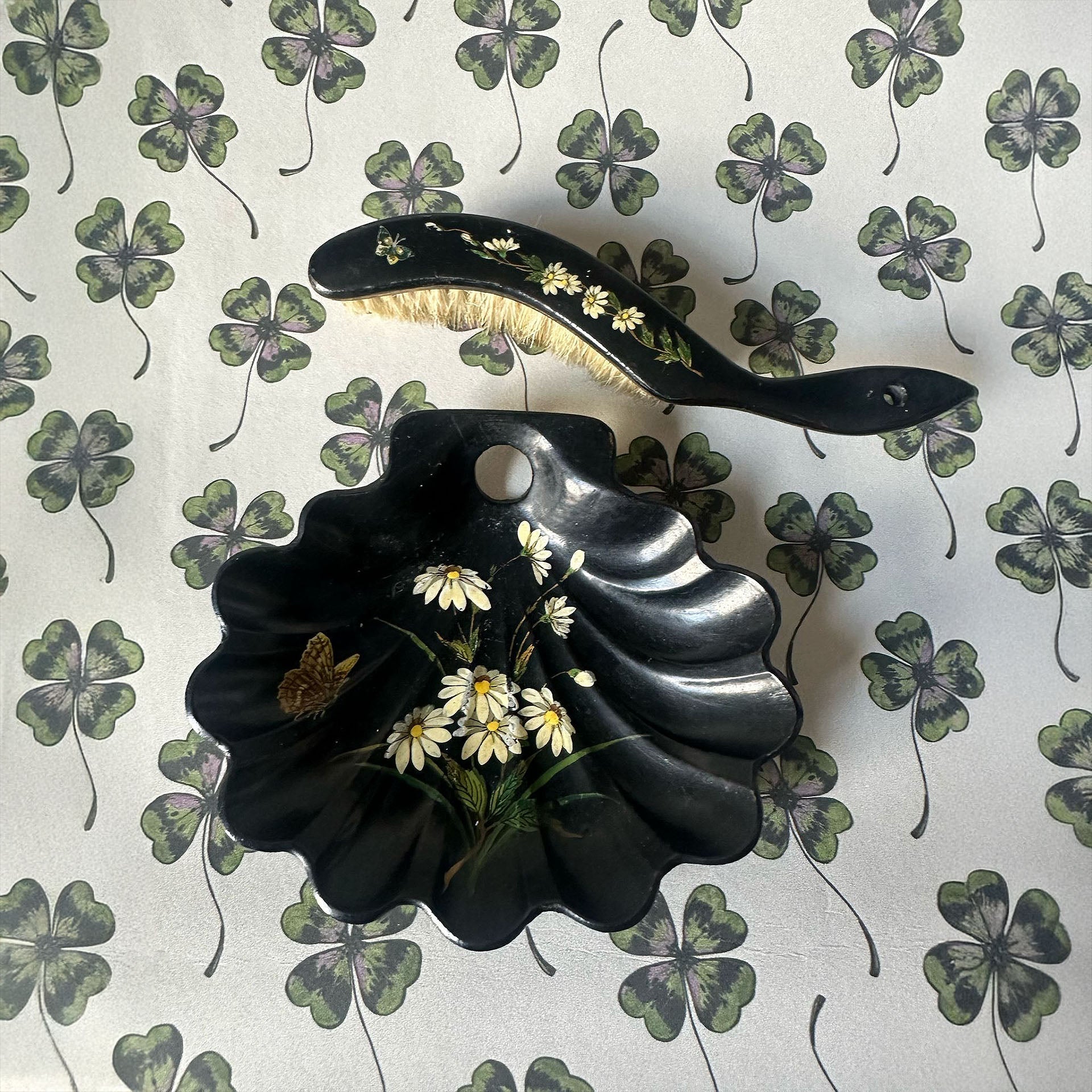 Small Victorian Papier Mache Crumb Pan And Brush - FLORA BLACK