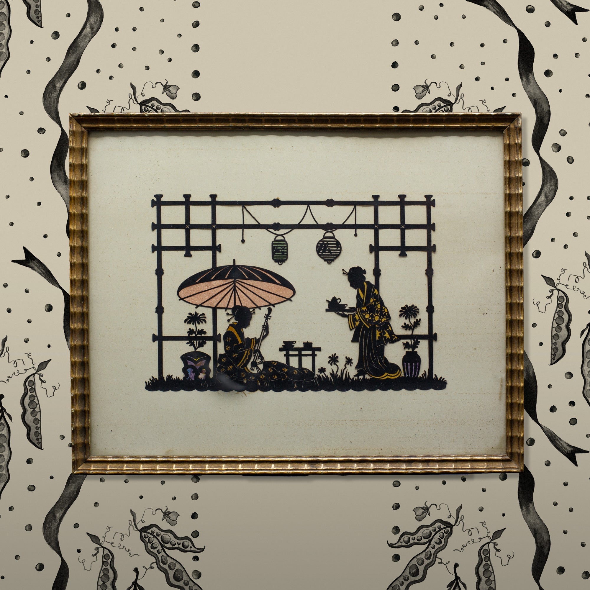 Gilt Framed picture of a Geisha Tea Ceremony, Hand-Cut Silhouette - FLORA BLACK