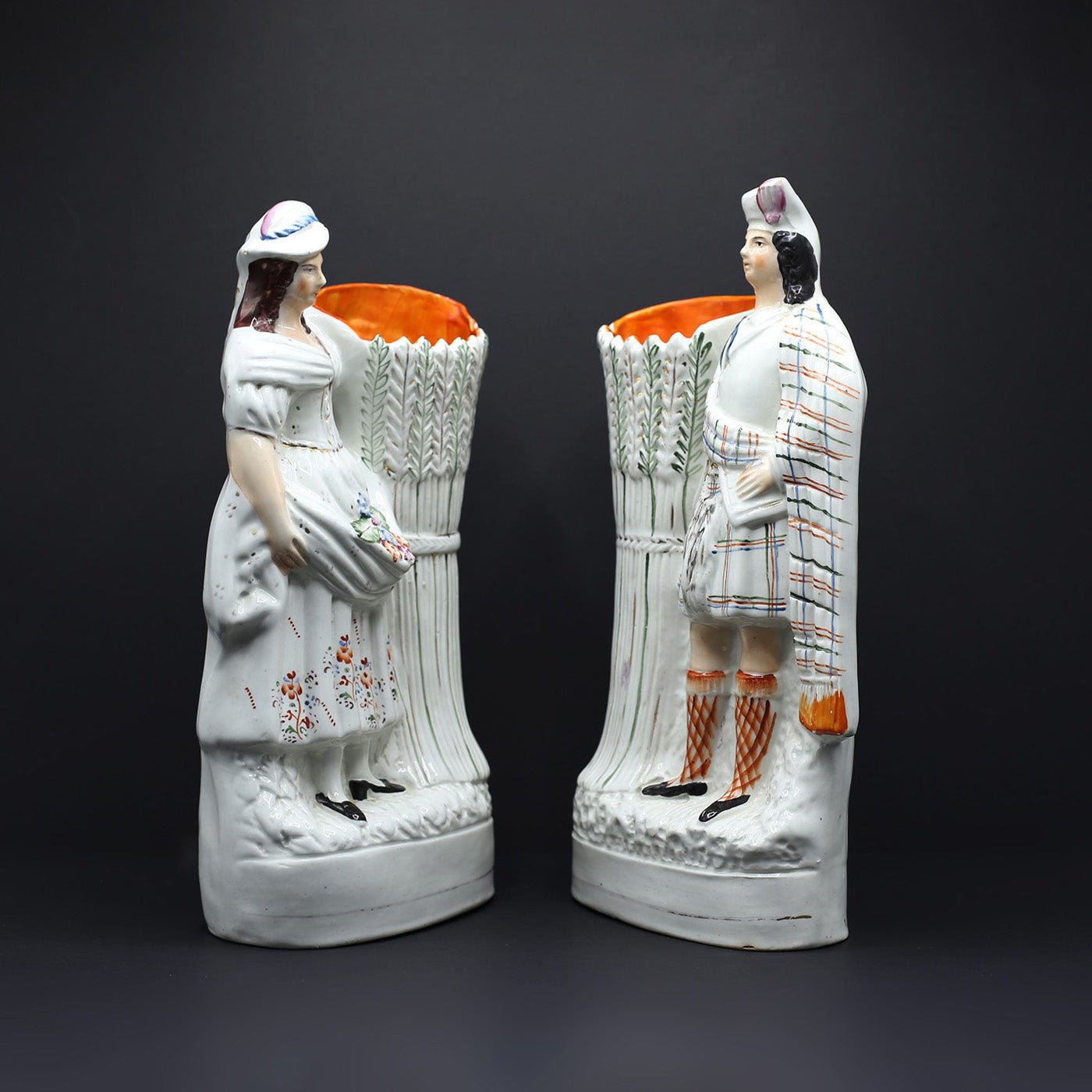 Pair of Staffordshire Vases - Highland Couple With Wheat Sheaves. - FLORA BLACK